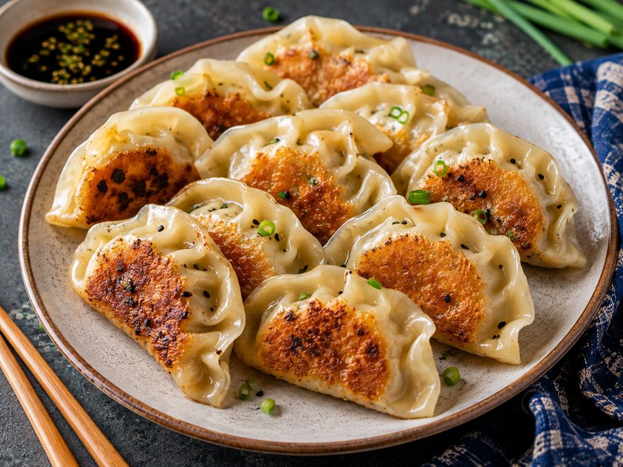 Fried Catrina chicken dumplings with soy and guava sauce