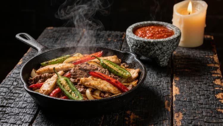 Sizzling fajitas with rice, guacamole and tortillas at La Catrina